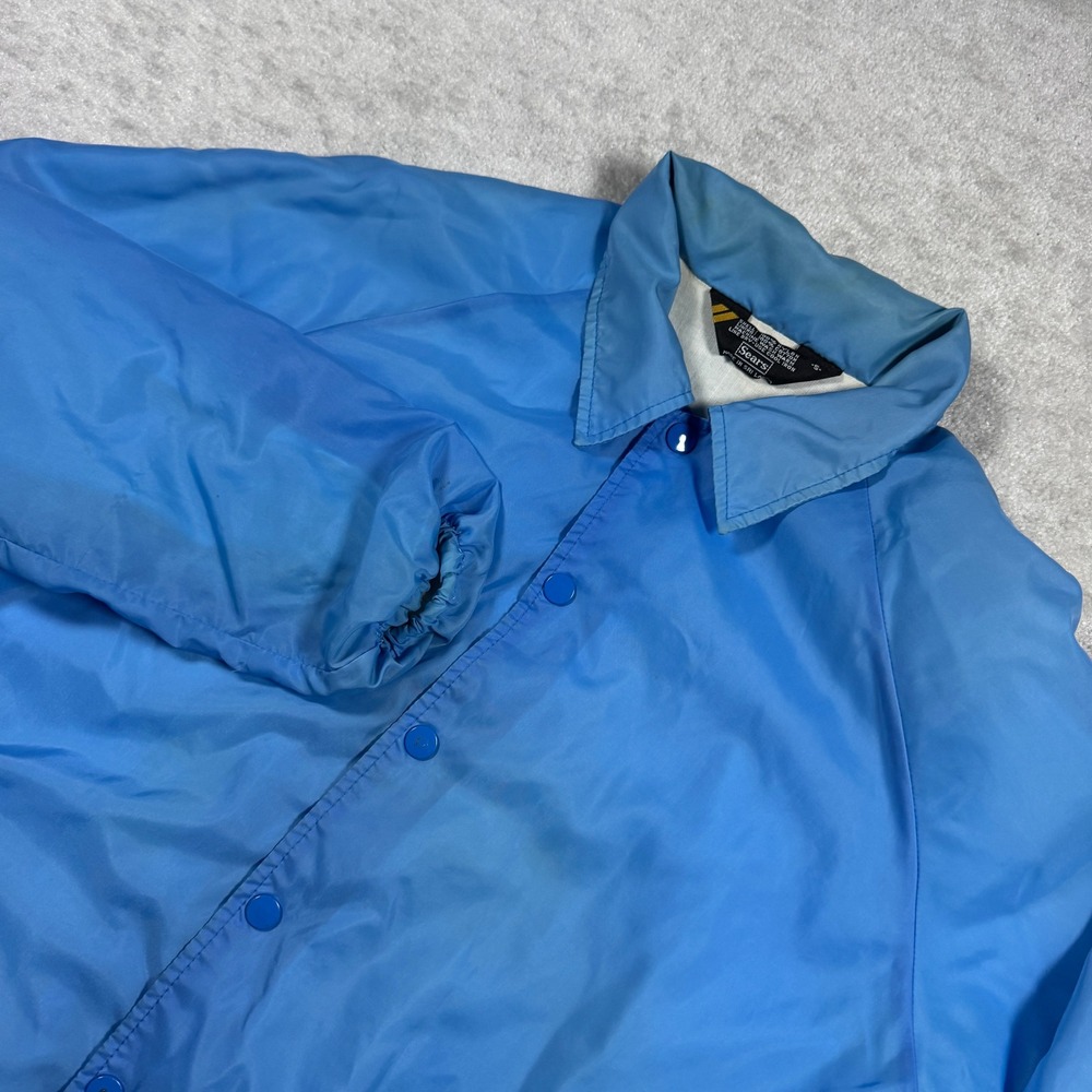Sears Coaches Jacket Mens Small Blue Vintage Nylon Snap Front Windbreaker Raglan